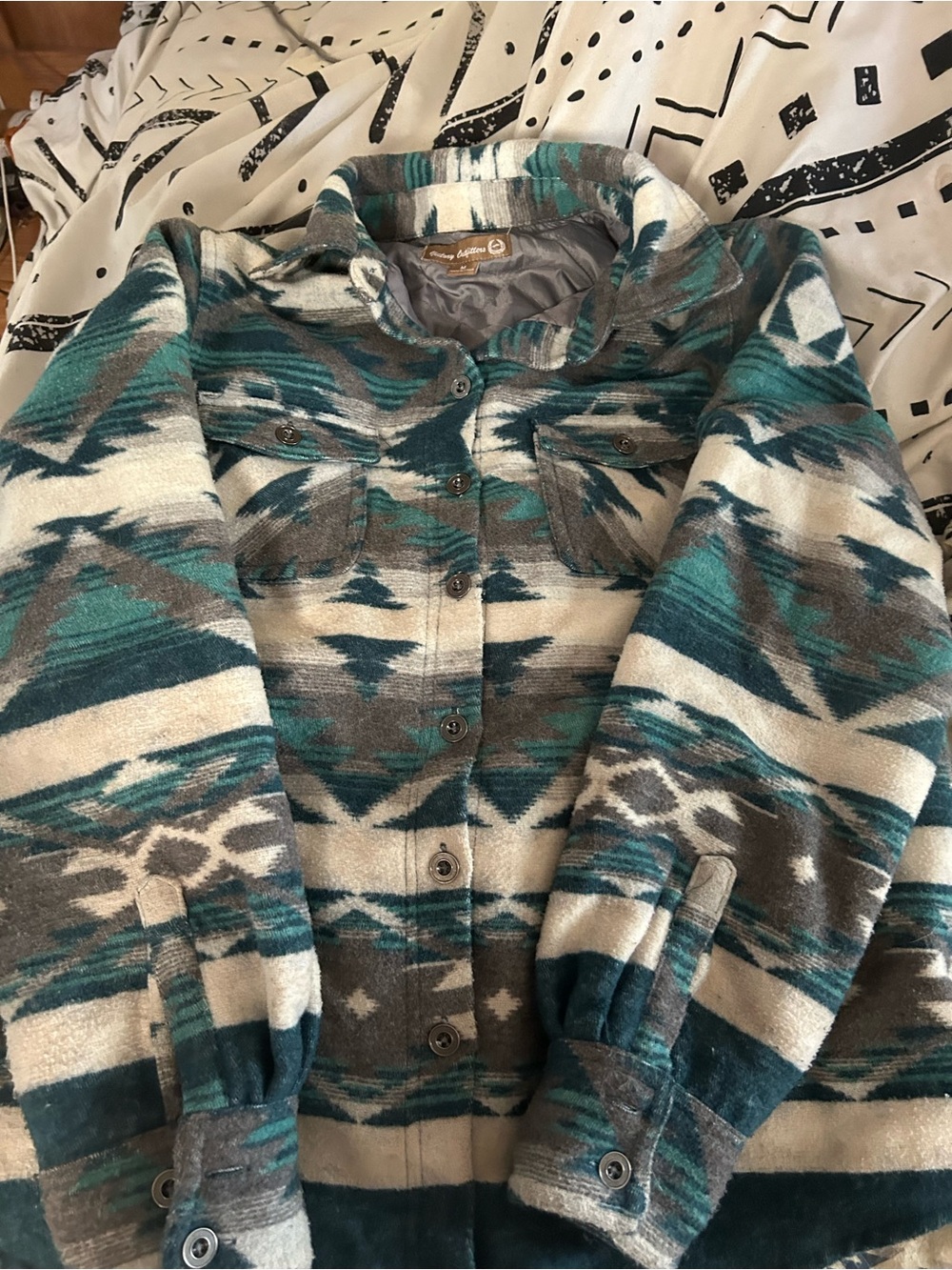 Women's Aztec-Pattern Button-Front wool Jacket in Teal & Gray